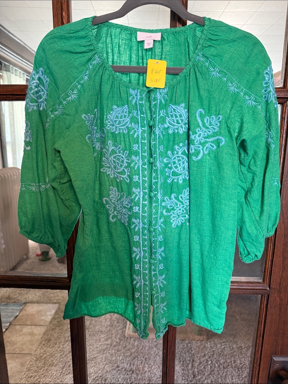 J. Jill Green Embroidered Peasant Blouse